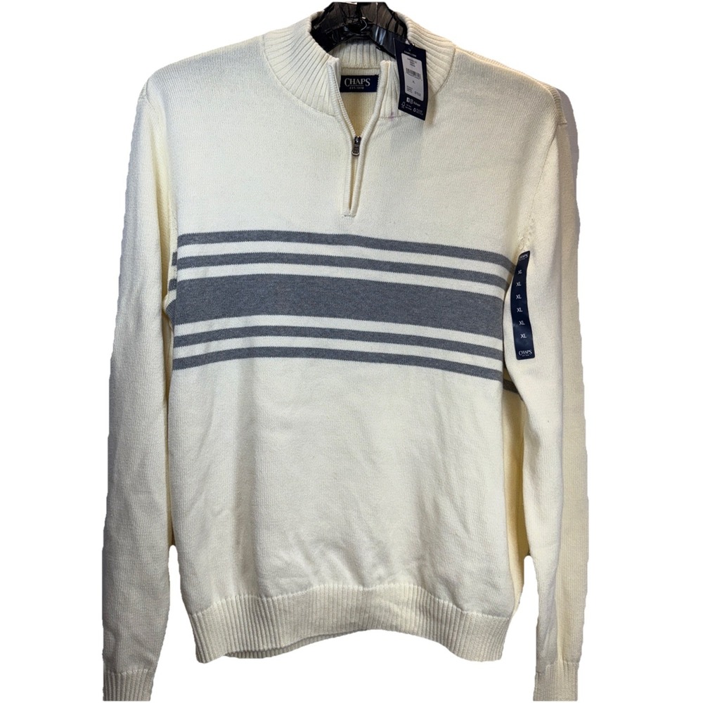 Mens Chaps Half Zipper Sweater Long Sleeve Size XL Cream &‎ Gray Striped NEW